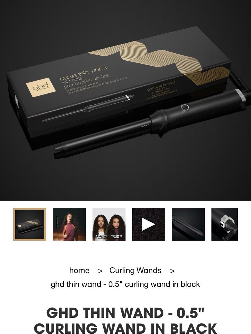 ghd Curve Thin Wand 0.5" Curling Wand in Black and Gold Accents